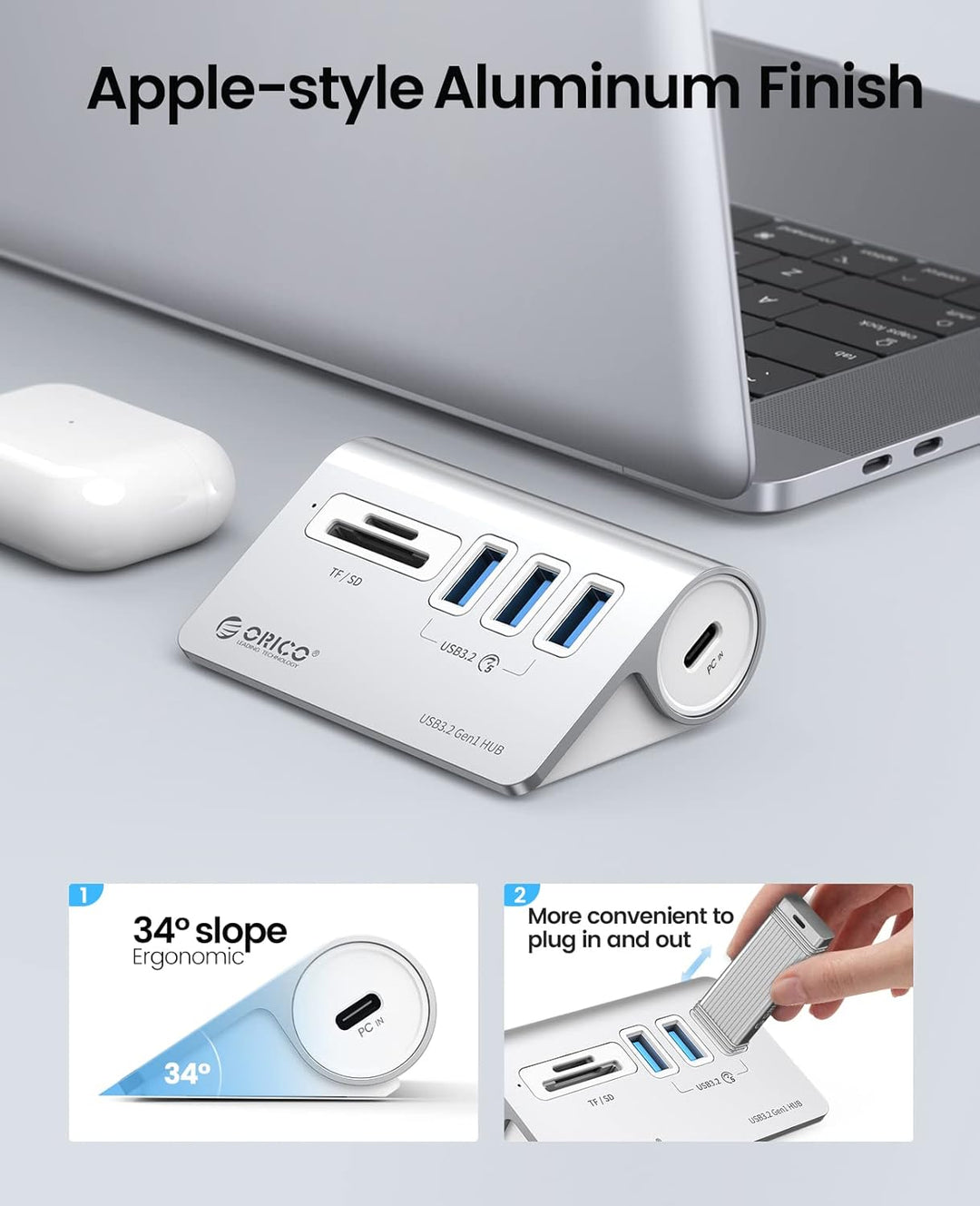 ORICO USB C Hub, USB 3.2 GEN 1 Hub mit TF/SD Kartenleser, 3 USB A Ports, 5 Gbps USB Verteiler, 0.5M