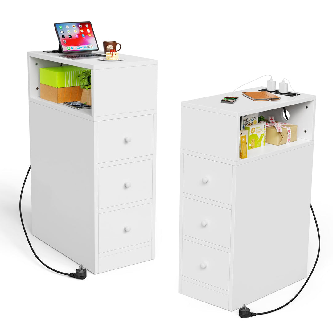 PIPIPOXER Nachttisch schmal, Nachttisch mit Steckdose & USB, Nachtschrank mit 3 Schublade, 1 Offenen