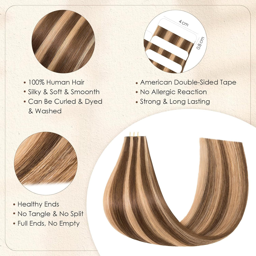 Elailite Tape Extensions Echthaar #4P27 Mittelbraun/Honigblond, 10 Stück Unsichtbar Kleber Haarverlä