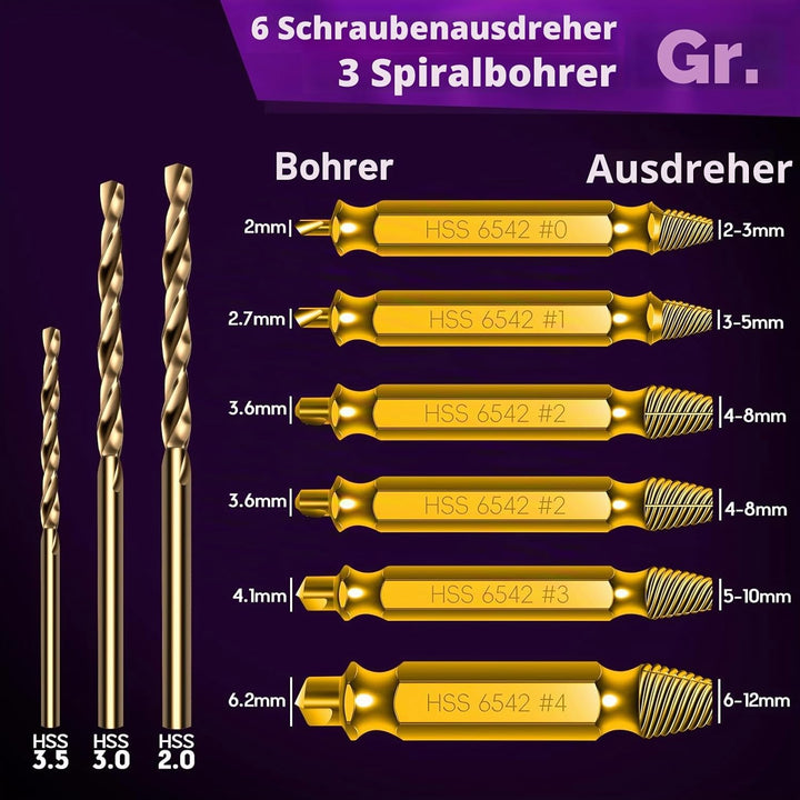 9 Stück Schraubenausdreher Set mit Titannitrid-beschichtet, HSS 6542 Stahl, Härtegrad HRC 80, Schrau