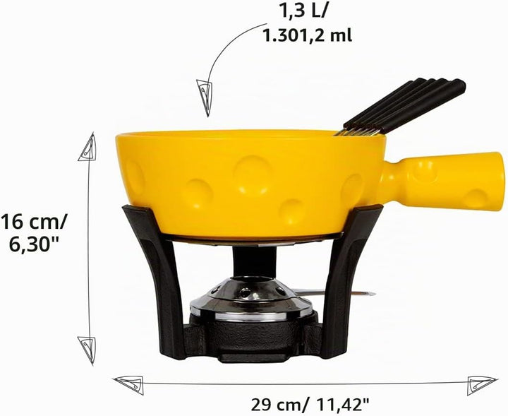 Boska Fondue-Set Super Cheesy/käseförmiger Topf/Steingut/Gusseisen/Gelb/Silber/Schwarz / 290 x 200 x