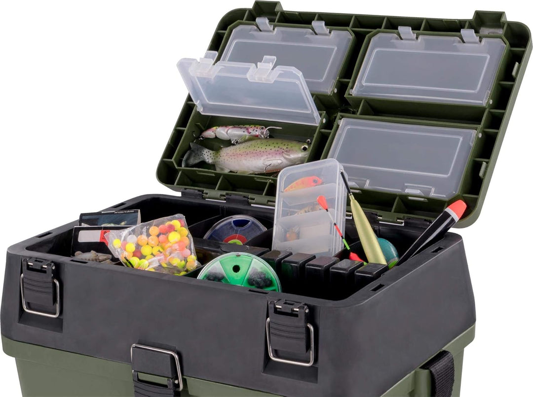 Angelkoffer Angelbox Angeltasche gepolsterte Sitzkiepe Sitzfunktion Gerätekasten mit Rucksackfunktio