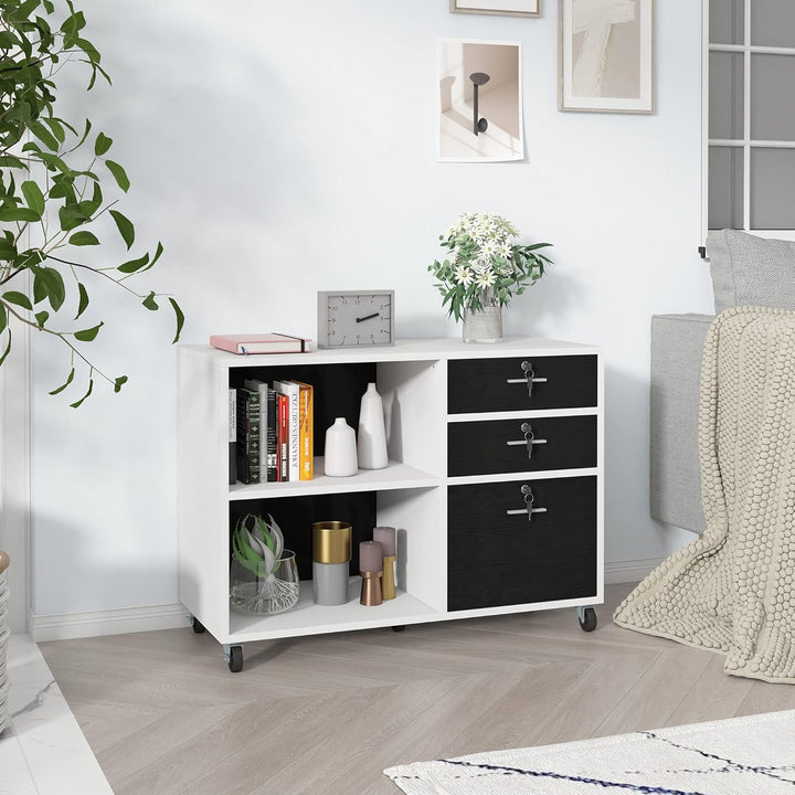 YITAHOME Rollcontainer, Aktenschrank mit 3 Schubladen und 2 Fächern, Mobile Dokumentenschrank mit Um