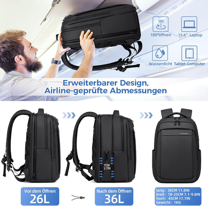 Rucksack Herren –Handgepäck Rucksack 15.6-Zoll Laptop Rucksack Erweiterbar (Wasserdicht & Anti-Diebs