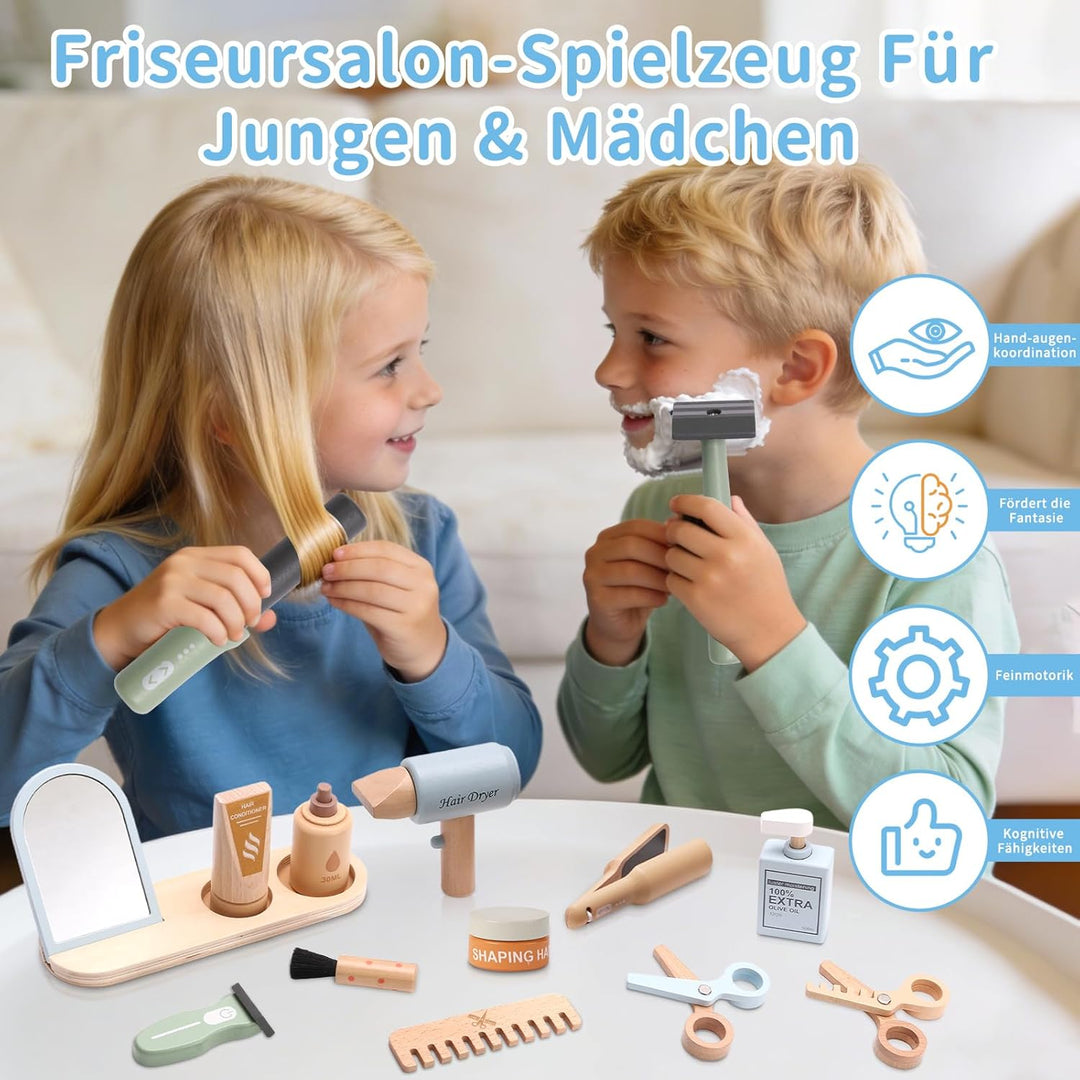 FIIOEOY Holz Friseur Set Kinder mit Haartrockner Lockenstab Haarstyling Rasierzubehör Salon Friseur