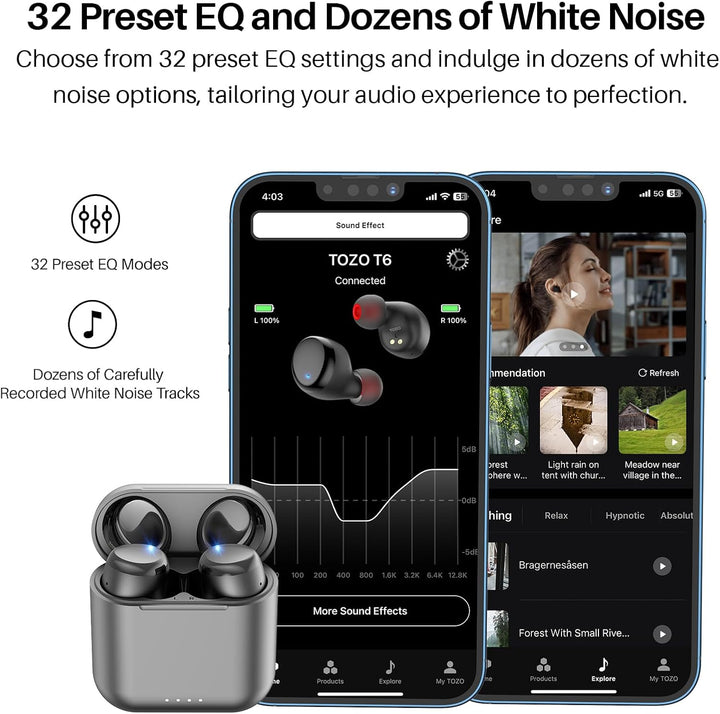 TOZO T6 Bluetooth Kopfhörer Kabellos In Ear Kopfhörer Touch Control mit Kabellosem Ladecase, IPX8 Wa