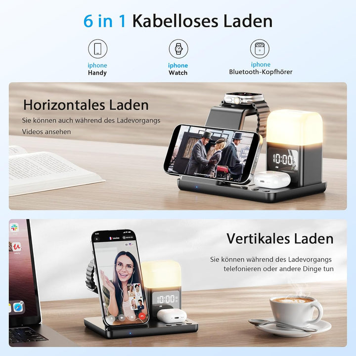 Augnner Induktive Ladestation für iPhone 17/16/15/14/13/12/11 Serie, 6 in 1 Kabelloses Ladegerät mit
