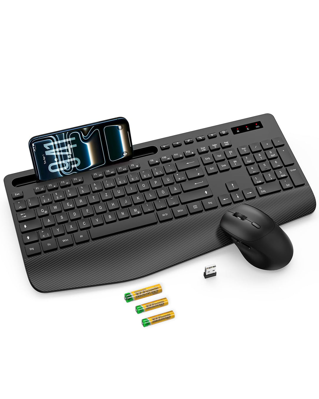 Tastatur Maus Set kabellos, Handballenauflage, Telefonhalter, Akku im Lieferumfang enthalten, 2.4G k