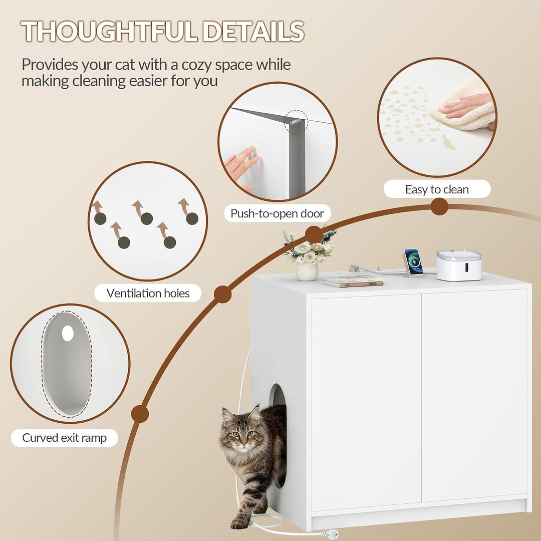 Katzenklo Schrank Versteckt mit Steckdosen, 80 x 60 x 80 cm, Weiss | Katzenschrank Möbel mit USB, fü