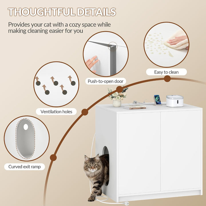 Katzenklo Schrank Versteckt mit Steckdosen, 80 x 60 x 80 cm, Weiss | Katzenschrank Möbel mit USB, fü