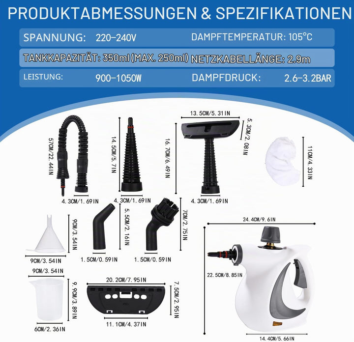 Dampfreiniger, 1050W Dampfreiniger Handgerät mit 12 Zubehör, 3,2 bar Dampfdruck Hand Steam Cleaner,
