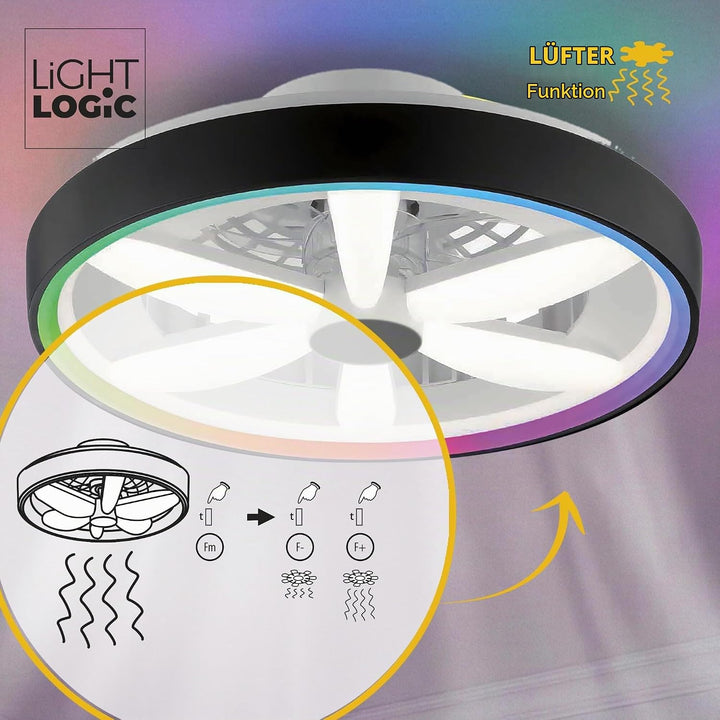 Deckenventilator mit Beleuchtung 48W - Ø 48cm, dimmbare LED Deckenleuchte mit Ventilator, RGB, warm-