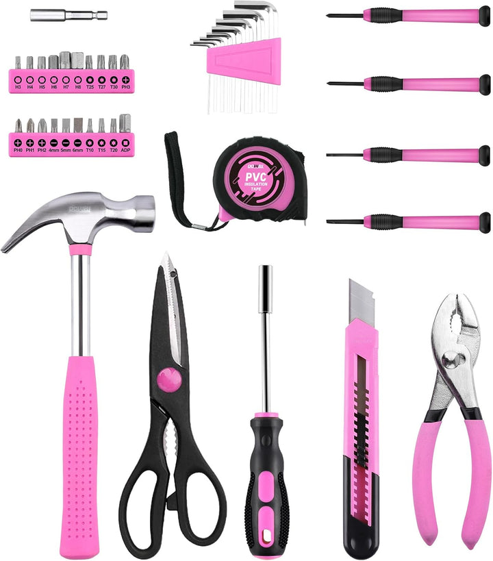 DOWELL 40 Stück Heimwerkzeugsatz Allgemeines Haushaltshand-Pink-Werkzeugset mit Kunststoff-Werkzeugk