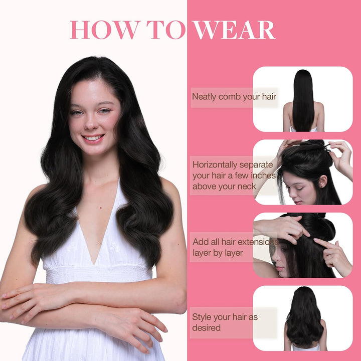 GOO GOO Clip in Extensions Echthaar, Echthaar Extensions Clip, 35cm 150g 9pcs, Extensions Echthaar,