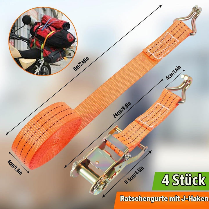 8 x Spanngurte in 6 Meter für 3T (3000 daN, KG) | TÜV/GS Zertifiziert | mit Ratsche und Haken | Zwei