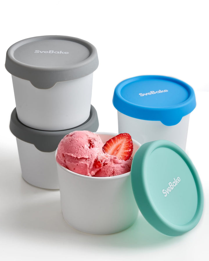 SveBake Eisbehälter für Speiseeis 400 ml, 4er-Set mit Silikon-Deckel – Eiswürfelbehälter zum Einfrie