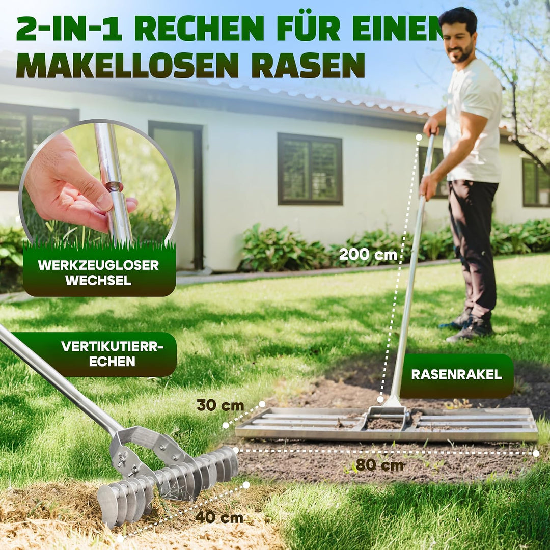 2in1 RasenRakel Edelstahl 80x30cm + vertikutierer Hand Rasen rake | Nivellierrechen mit stiel egalis