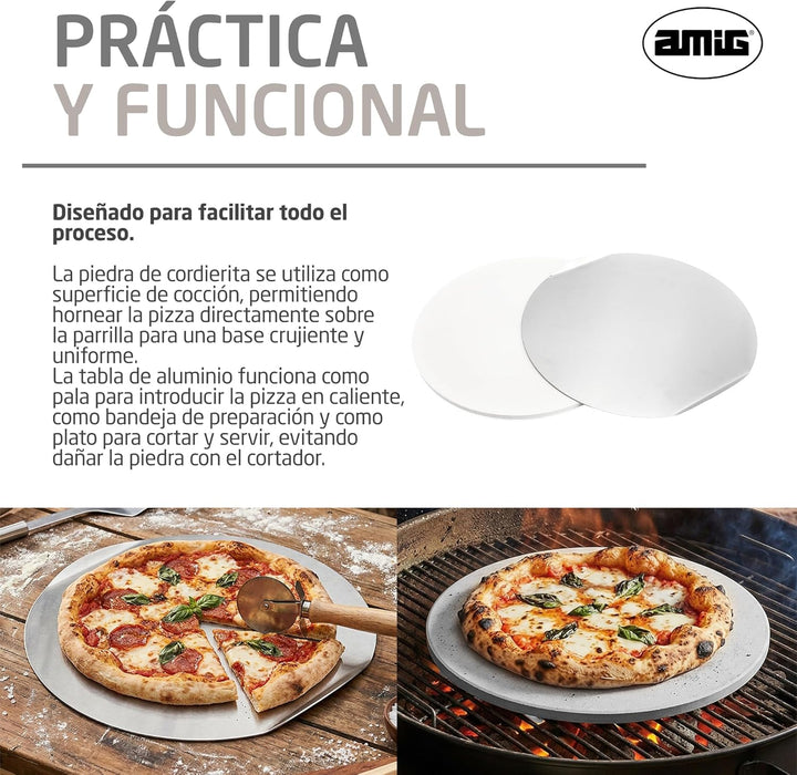 Amig – Pizza‑Set für Grill – Cordieritstein und Aluminiumplatte – Durchmesser Stein 33 cm – Durchmes