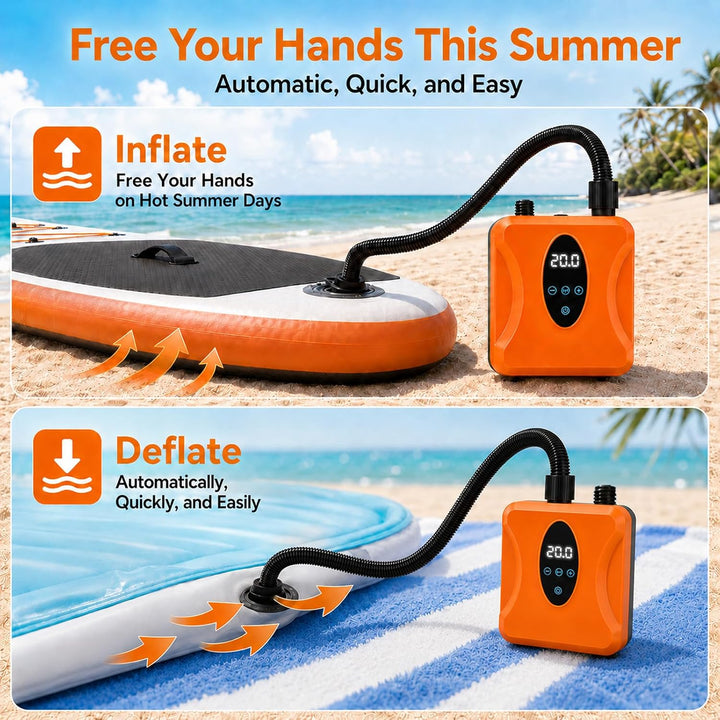 SUP Pumpe Elektrisch Wiederaufladbar 20 PSI, Akku Paddle Board Pumpe mit Auto Stopp und Digitalanzei