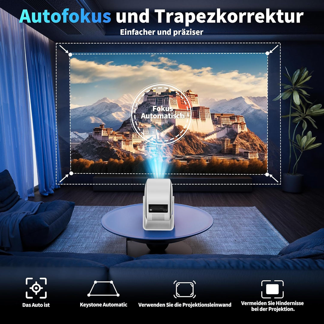 [Integrierte App] Mini Beamer Unterstützt 4K 1080P 2026, Projektor Auto Fokus und Trapezkorrektur, 3