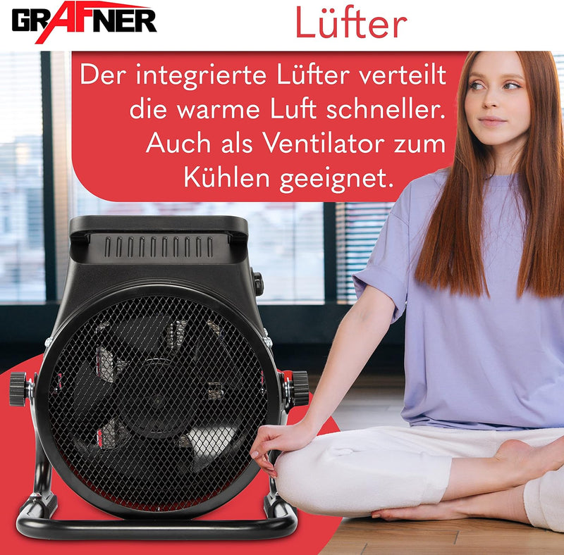 Grafner Keramik Heizlüfter mit 2000 Watt 2KW, 3 Heizstufen, automatischer Thermostat, kraftvoller Tu