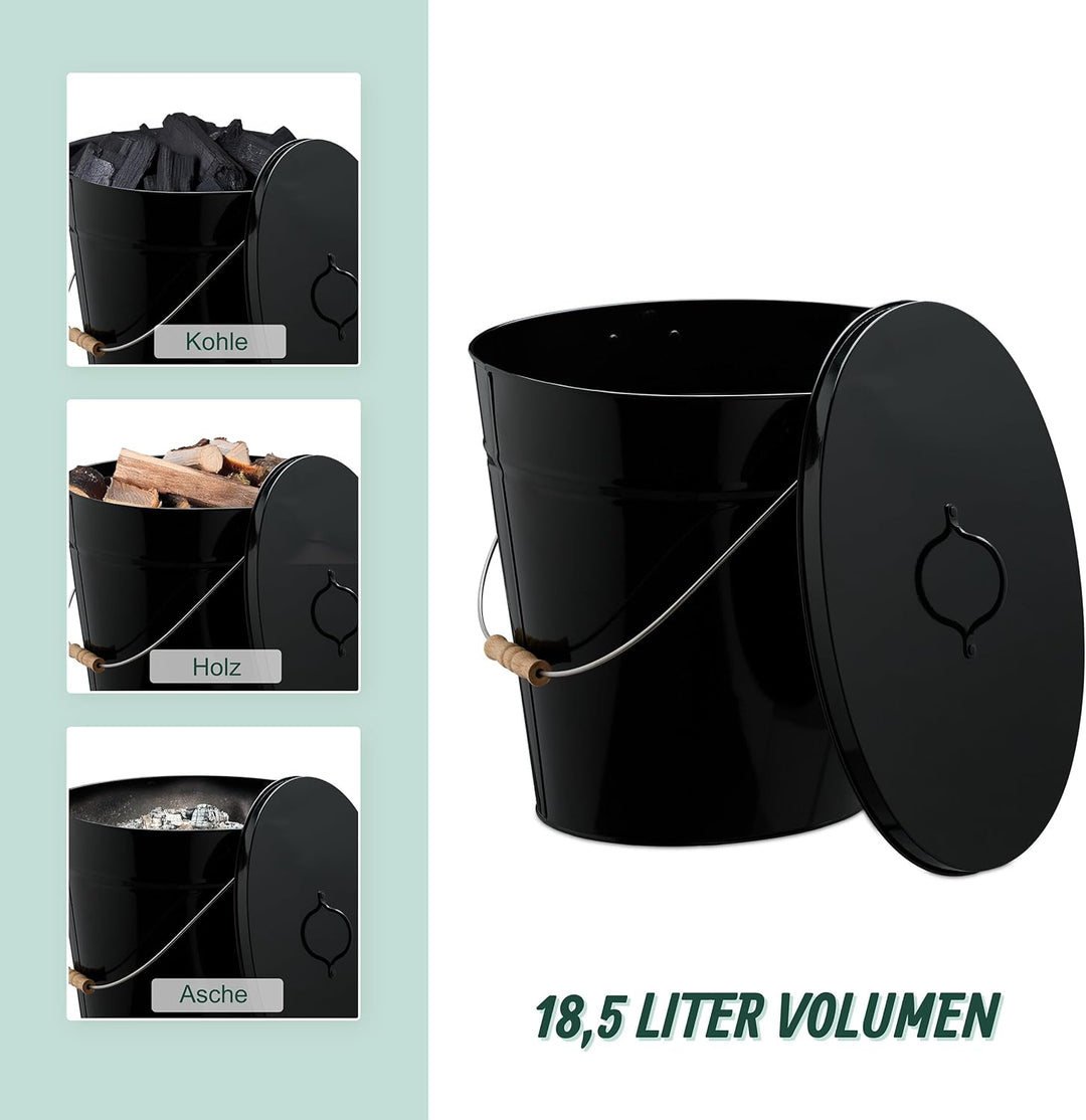 Relaxdays Ascheeimer mit Deckel, 18,5 Liter, Henkel mit Holzgriff, für Kohle & Asche, Kamin, Stahl A