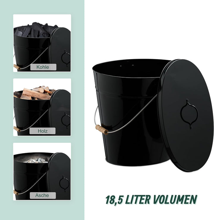 Relaxdays Ascheeimer mit Deckel, 18,5 Liter, Henkel mit Holzgriff, für Kohle & Asche, Kamin, Stahl A
