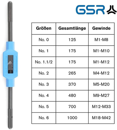 GSR Silver Windeisen DIN 1814 verstellbar, Handgewindebohrer (Gr.3 | M5 - M20), Spannbacken aus Werk