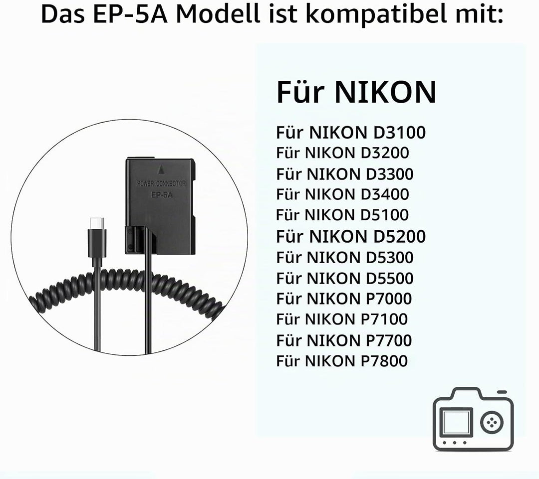 Raeisusp PD Spring Power Connector USB-C Kabel EN-EL14a Dummy Akku EP-5A DC Kupplung für Nikon D3100