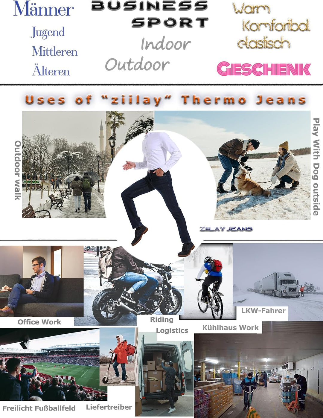 ziilay Thermojeans Herren Thermohose Schneehose gefütterte Winterhose Winterjeans mit Fleece gefütte