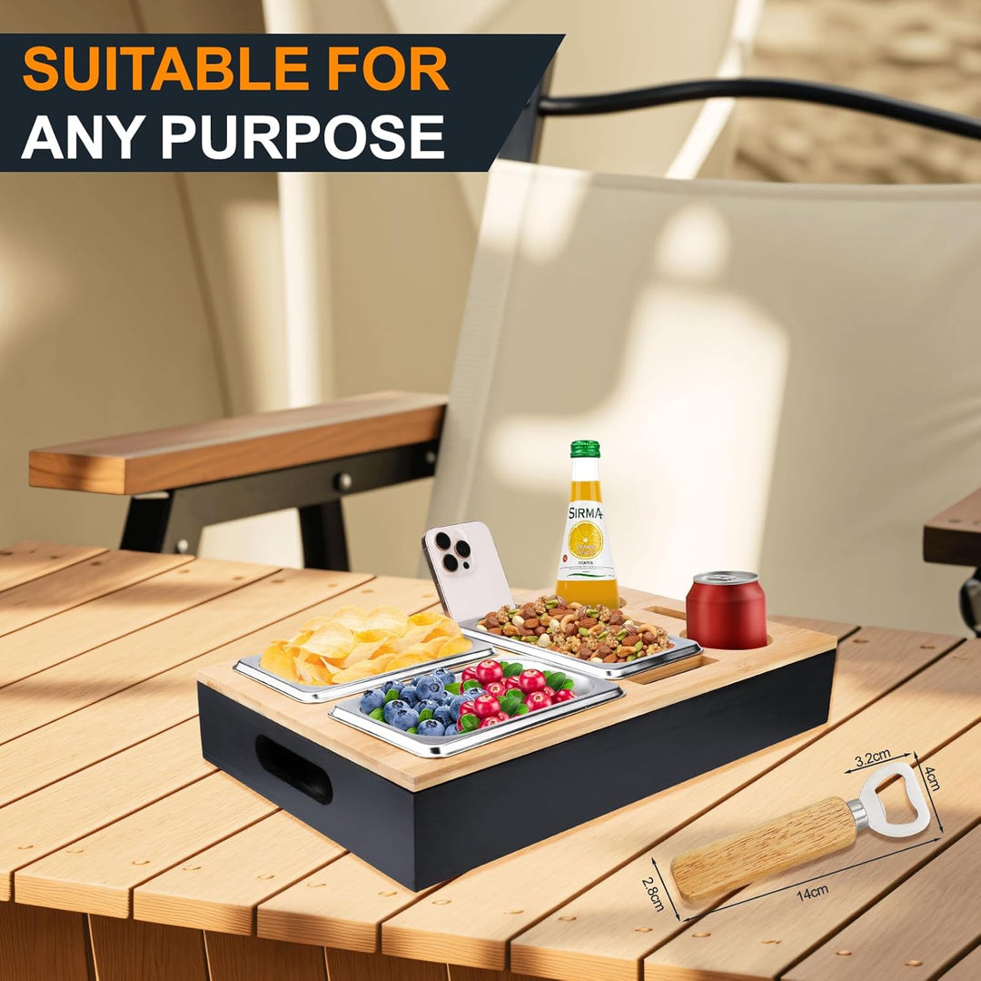 TEGOVE Couchbar Snackbox, Sofa Tablett,Mit Snackschalen Aus Edelstahl,mit Abnehmbarer Deckel, Couch