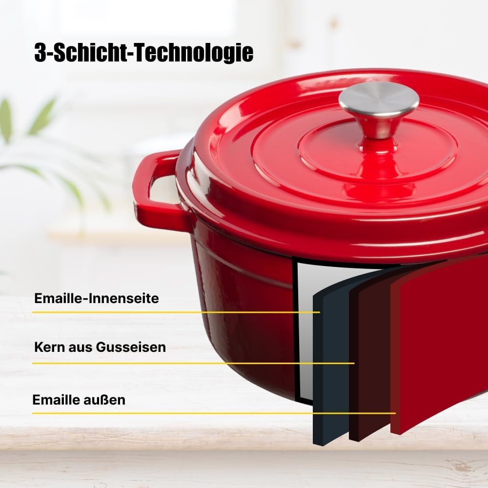 Schmortopf Gusseisen Topf - Emaillierter Gusseisentopf mit Deckel und breite Griffe für Küche, Backe