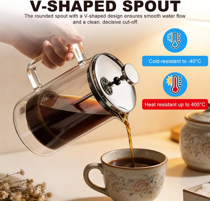 Kaffeepresse French Press 1 Liter, Töpfe Edelstahl & Glas mit Doppelwand Isolierung, Hitzebeständig