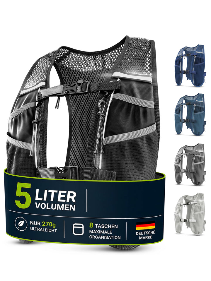SASMO® Laufweste Damen & Herren 5L / 2L | Running Vest - Ultraleicht & atmungsaktiv| Laufrucksack Da