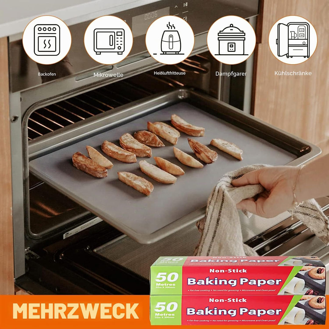 2 Rollen Backpapier Zuschinitte 50m x 30cm Wiederverwendbar Baking Paper Silikon Weisses Ofenpapier