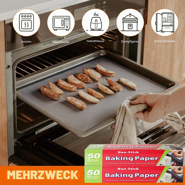 2 Rollen Backpapier Zuschinitte 50m x 30cm Wiederverwendbar Baking Paper Silikon Weisses Ofenpapier