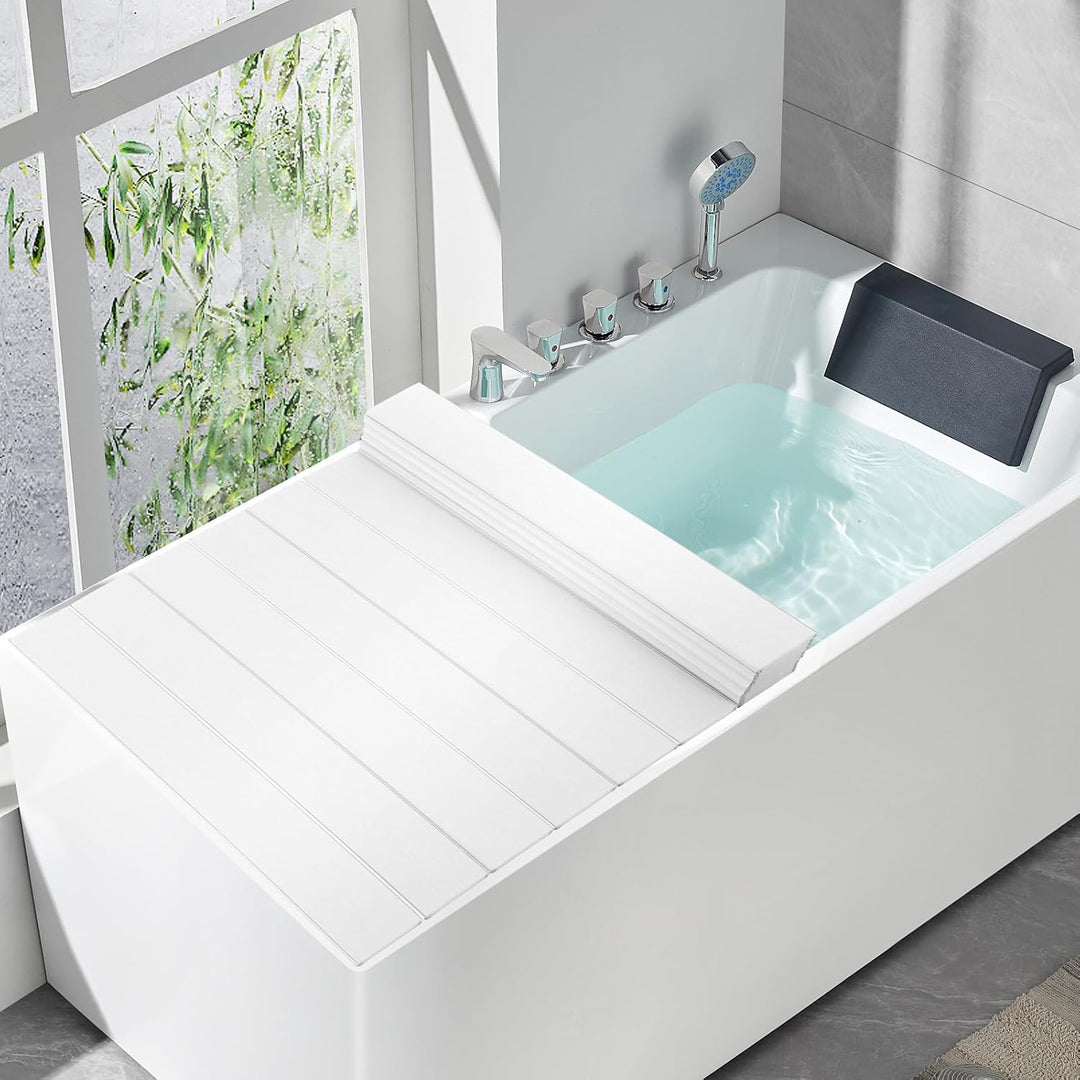 Faltbare Badewannenabdeckung, Weiss Holzoptik, 170x75cm, PVC, bis 5kg | Isoliert Badewasser, robust