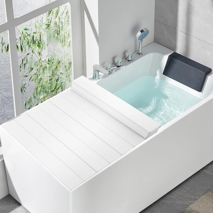 Faltbare Badewannenabdeckung, Weiss Holzoptik, 170x75cm, PVC, bis 5kg | Isoliert Badewasser, robust