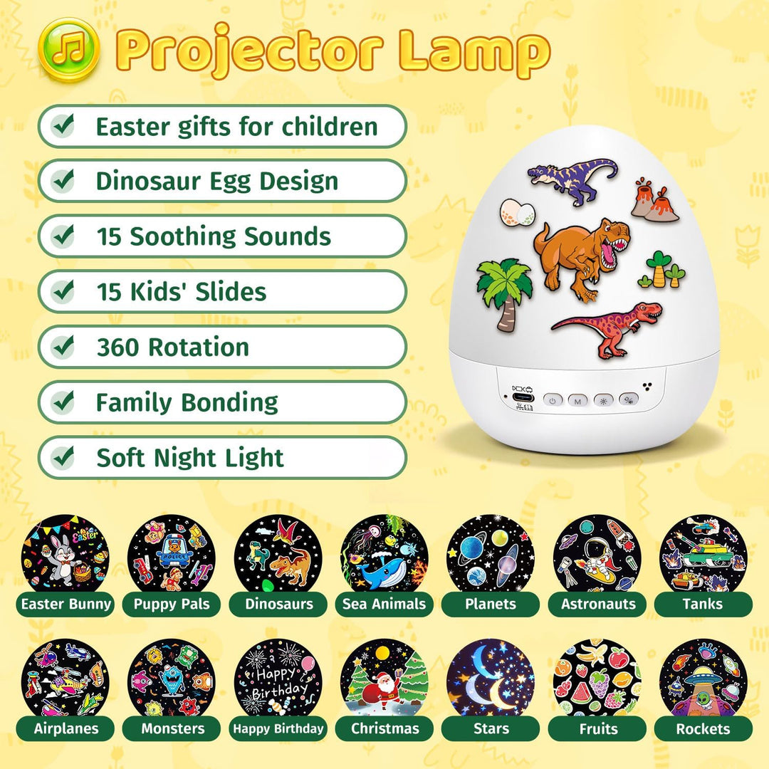One Fire DIY Oster-Dino-Ei Projektor Kinder, Ostergeschenk für Jungen & Mädchen, Nachtlicht mit 14 F