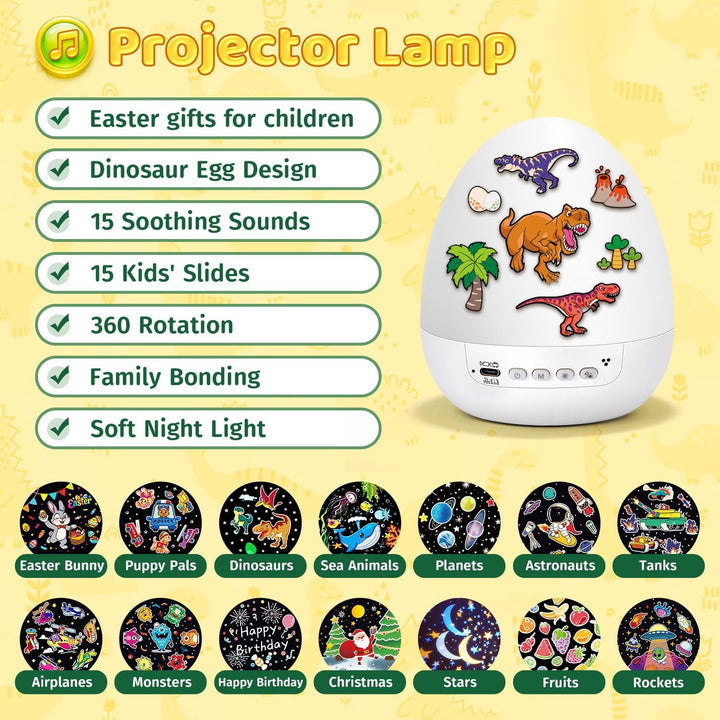 One Fire DIY Oster-Dino-Ei Projektor Kinder, Ostergeschenk für Jungen & Mädchen, Nachtlicht mit 14 F
