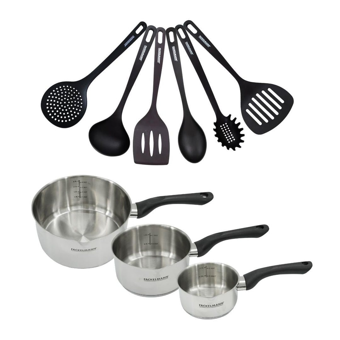 Fackelmann 9444150 Topfset 3-teilig 12, 16 und 20 cm aus Edelstahl 18/8 und 6 Utensilien, Pfanne für