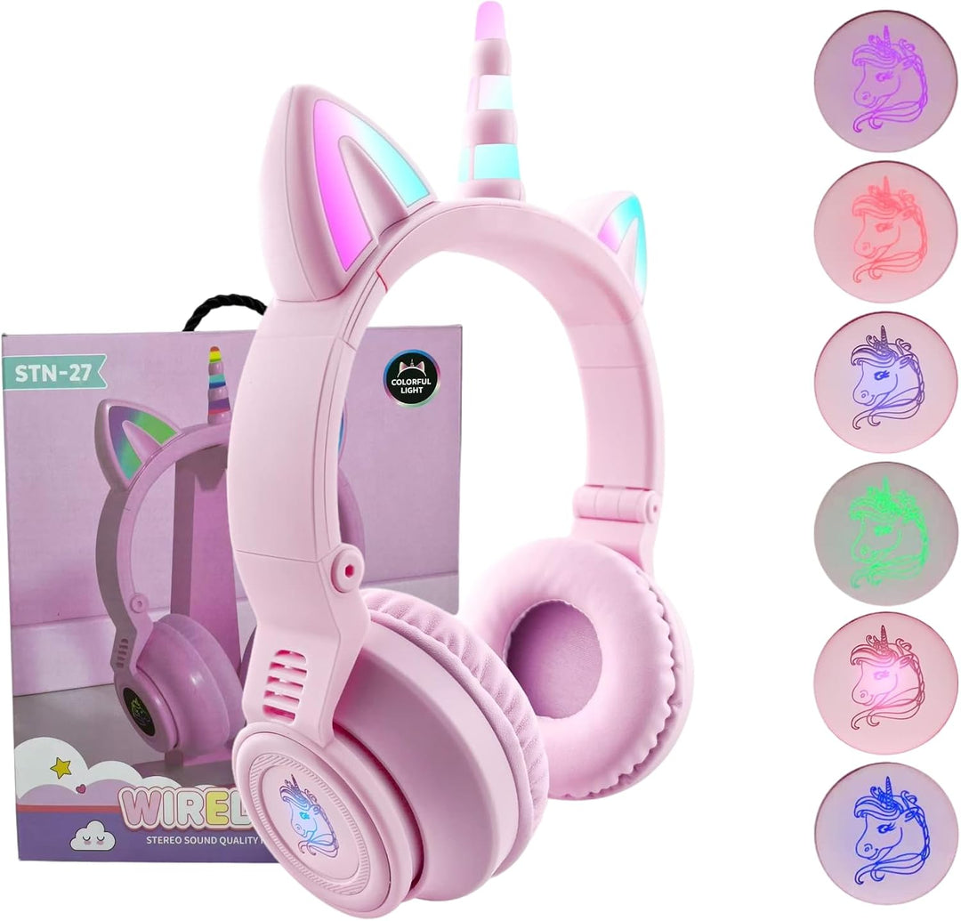 Einhorn Kopfhörer Bluetooth, Kabellos Over-Ear Headset mit LED-Beleuchtung, Stereo Sound, Mikrofon.