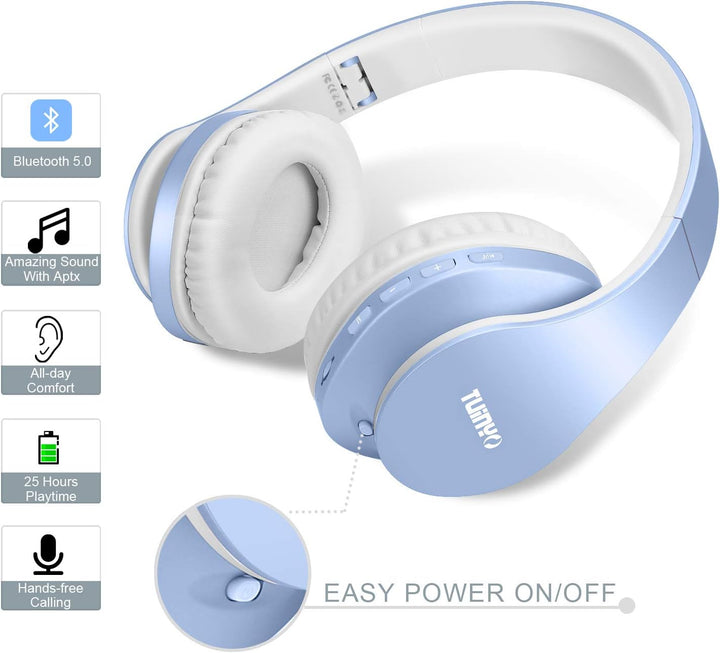 TUINYO Bluetooth-Kopfhörer, Wireless-Kopfhörer über dem Ohr mit Mikrofon, faltbares und leichtes Ste