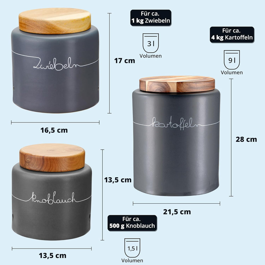 KHG Kartoffel Zwiebel Knoblauch Aufbewahrung 3er Set, Keramik Steingut poliert, Anthrazit Grau Holz