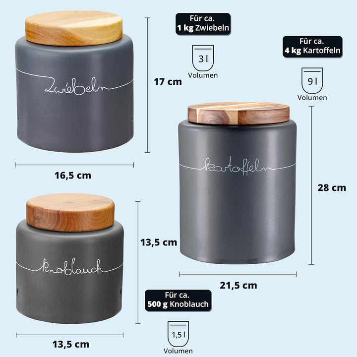 KHG Kartoffel Zwiebel Knoblauch Aufbewahrung 3er Set, Keramik Steingut poliert, Anthrazit Grau Holz