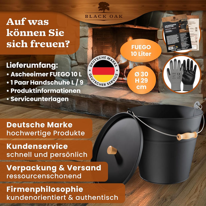 BLACK OAK Ascheeimer Fuego 10L - schwarz mit Deckel mit Holz-Griff & Handschuhen - 10L gross Stahl f