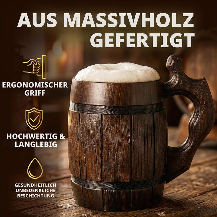 MyFancyCraftLUKRA Bierbecher aus Eichenholz, handgefertigt, Edelstahl-Tasse, 0,6 Liter, 20 Unzen, Ba