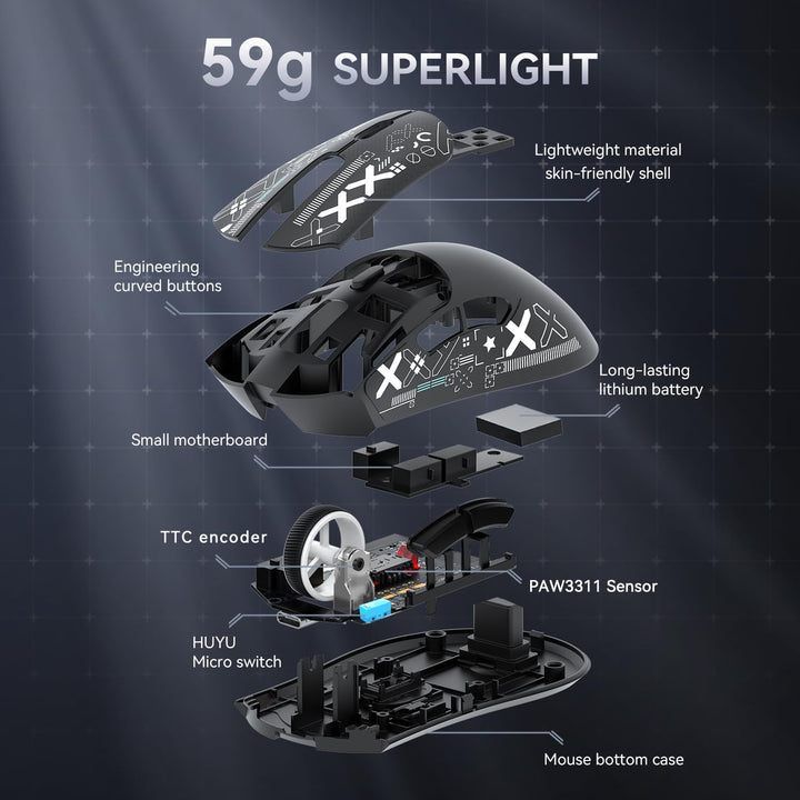ATTACK SHARK R1 59g Superlight Maus mit Klebeband, PixArt PAW3311 Gaming-Sensor, BT/2,4G kabellose/k