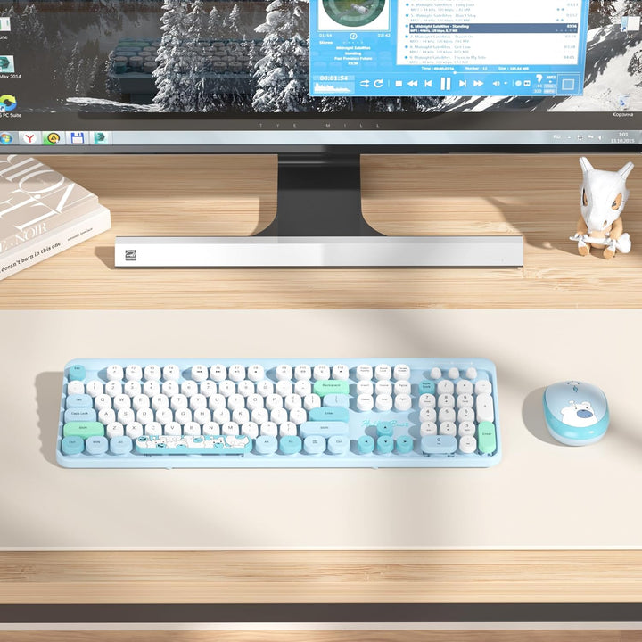 SOLIDEE kabellose Tastatur- und Maus-Kombination,Retro-Schreibmaschinen-Tastatur,2.4GHz runde Tasten