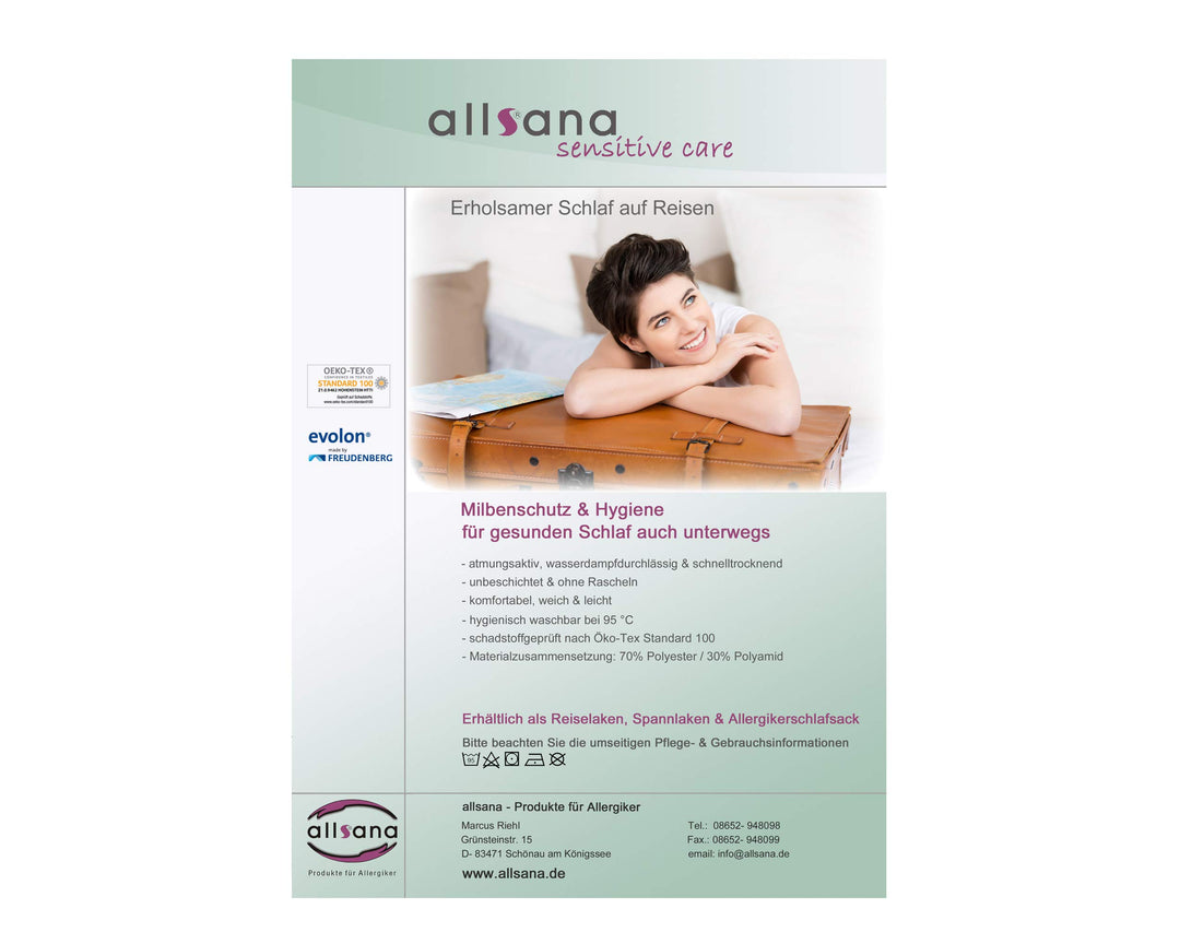 allsaneo Premium Allergiker Schlafsack 100x220 cm extra leicht und weich, ungefüttert, Hüttenschlafs